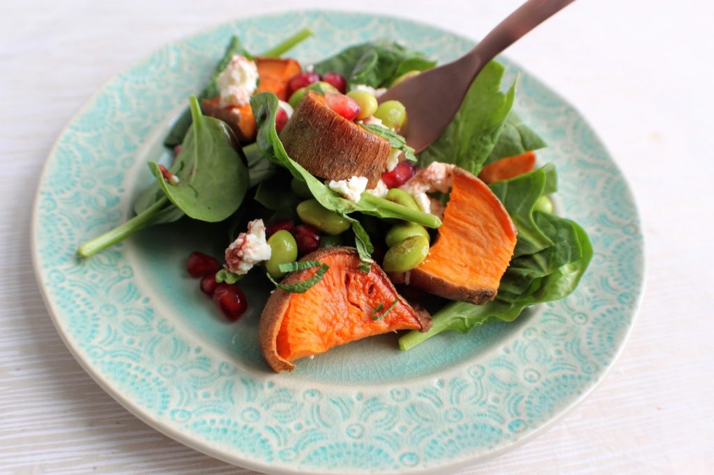 Sweet Potato, Edamame, Feta & Pomegranate Salad Indulging Innocently Recipes by SpamellaB