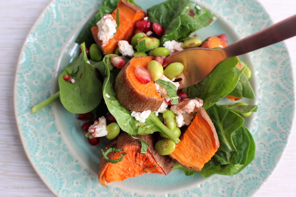 Sweet Potato, Edamame, Feta & Pomegranate Salad Indulging Innocently
