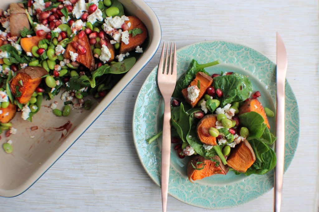 Sweet Potato, Edamame, Feta & Pomegranate Salad Indulging Innocently