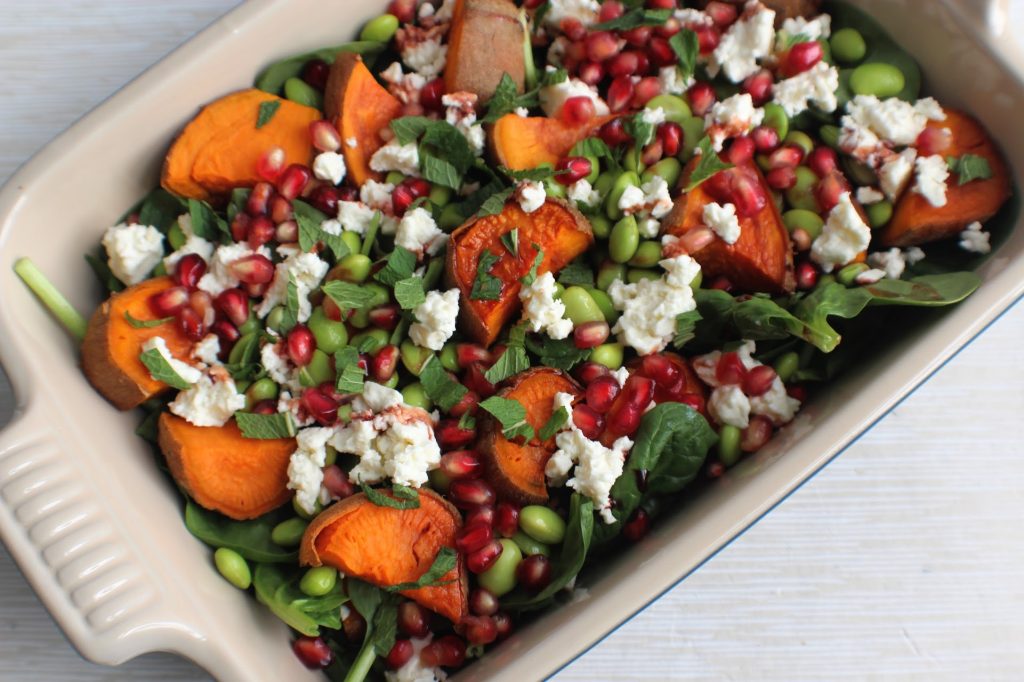 Sweet Potato, Edamame, Feta & Pomegranate Salad Indulging Innocently