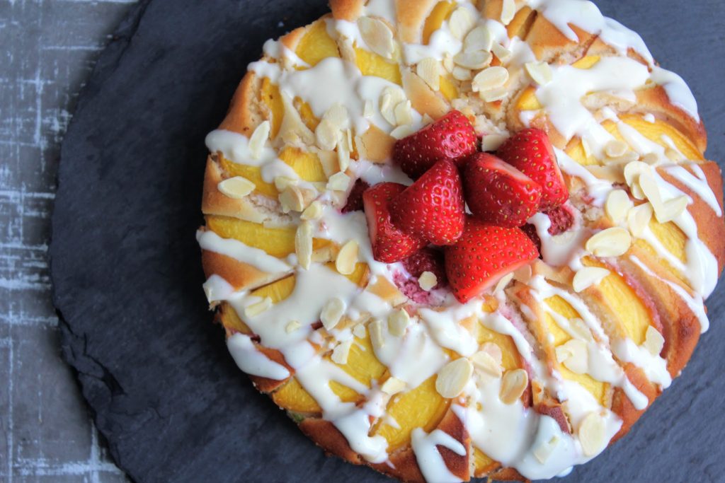 Strawberry, Nectarine & Almond Picnic Cake Indulging Innocently